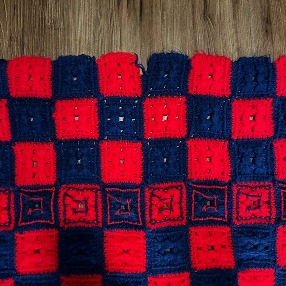 VTG Handmade AFGHAN BLANKET Red & Blue GRANNY Huge 98”x75” Fringed Hand Knit - Picture 3 of 3